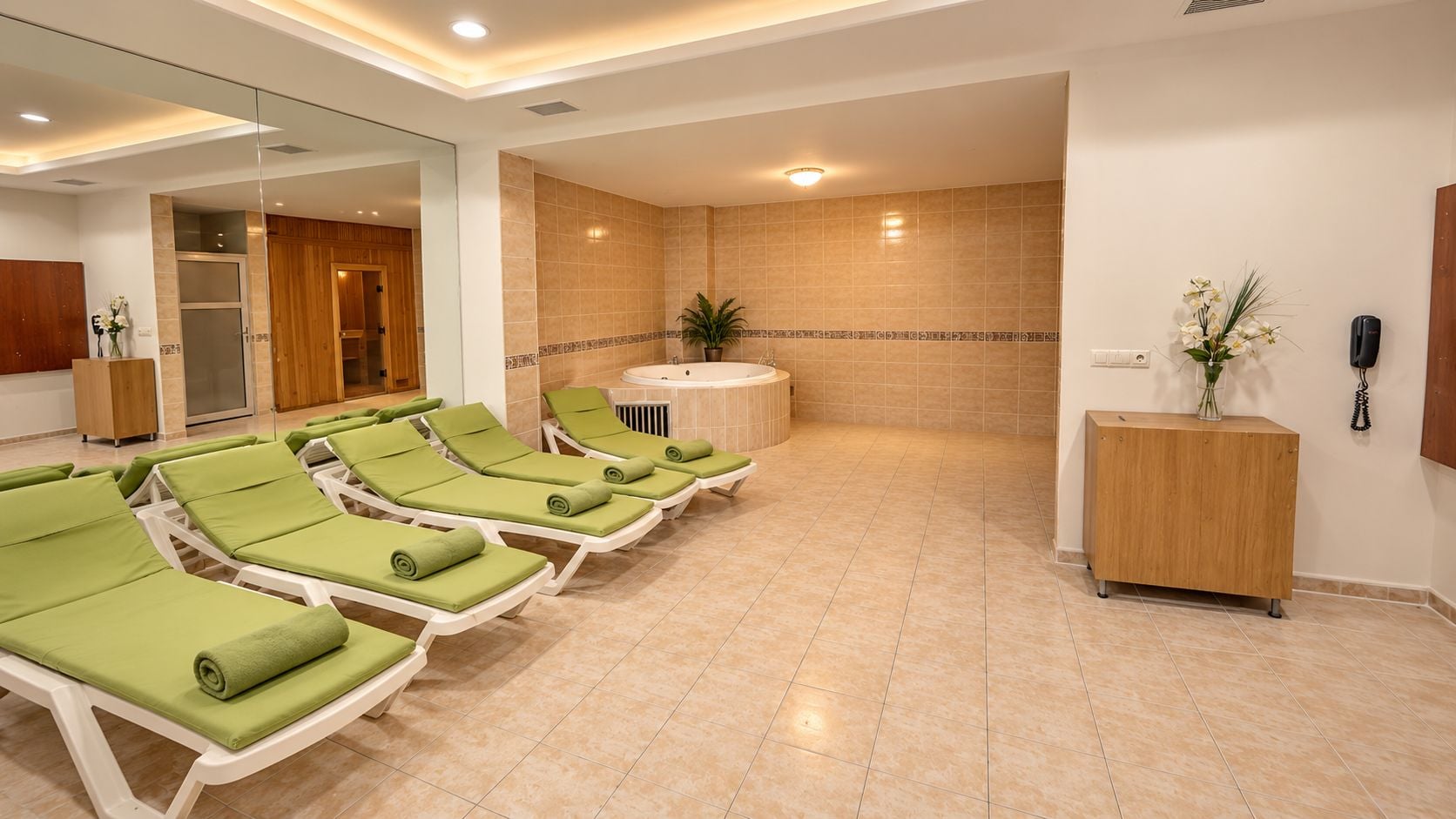 Un hall de hotel con una recepción, un teléfono, una planta y una fila de sillones verdes acolchados.