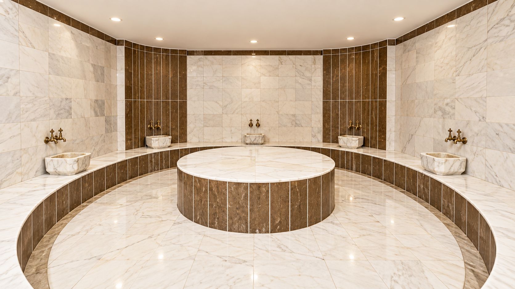 Un baño de mármol circular con lavamanos integrados y grifos dorados.