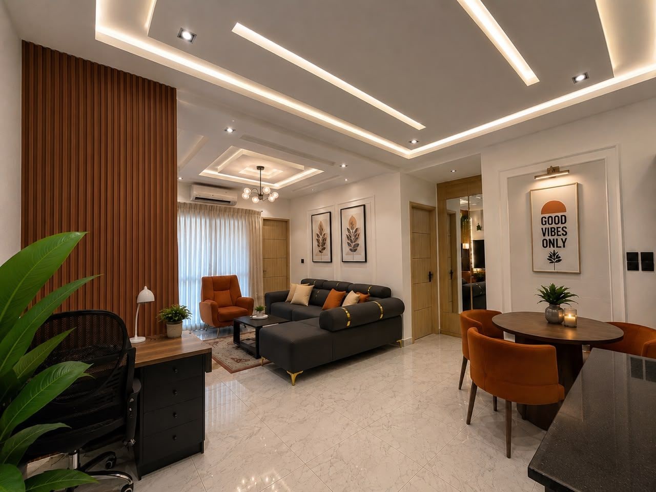 A modern living room with a sofa, coffee table, and dining area.