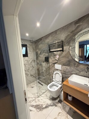 A modern bathroom with a glass-enclosed shower, a toilet, and a sink with a wooden countertop. - Ilio Boutique Swim Up Rooms (Ksamil)