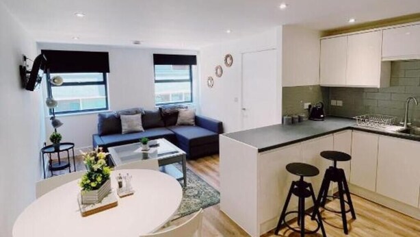 Ein modernes Apartment mit Essbereich, Küche und Wohnzimmer.