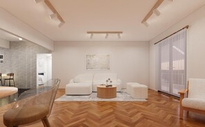 A modern living room with a herringbone wood floor, a glass coffee table, a white sofa, and a large window with sheer curtains. - Apartment 'The Acropolis Penthouse' with Balcony, Wi-Fi and Air Conditioning (Athens)