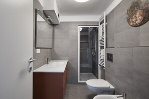 Shower, hair dryer, bidet, towels
