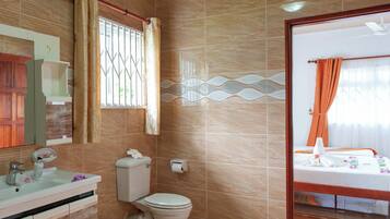 Standaard appartement | Badkamer | Een douche, een haardroger, handdoeken, toiletpapier