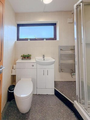 Een haardroger, handdoeken, zeep, toiletpapier