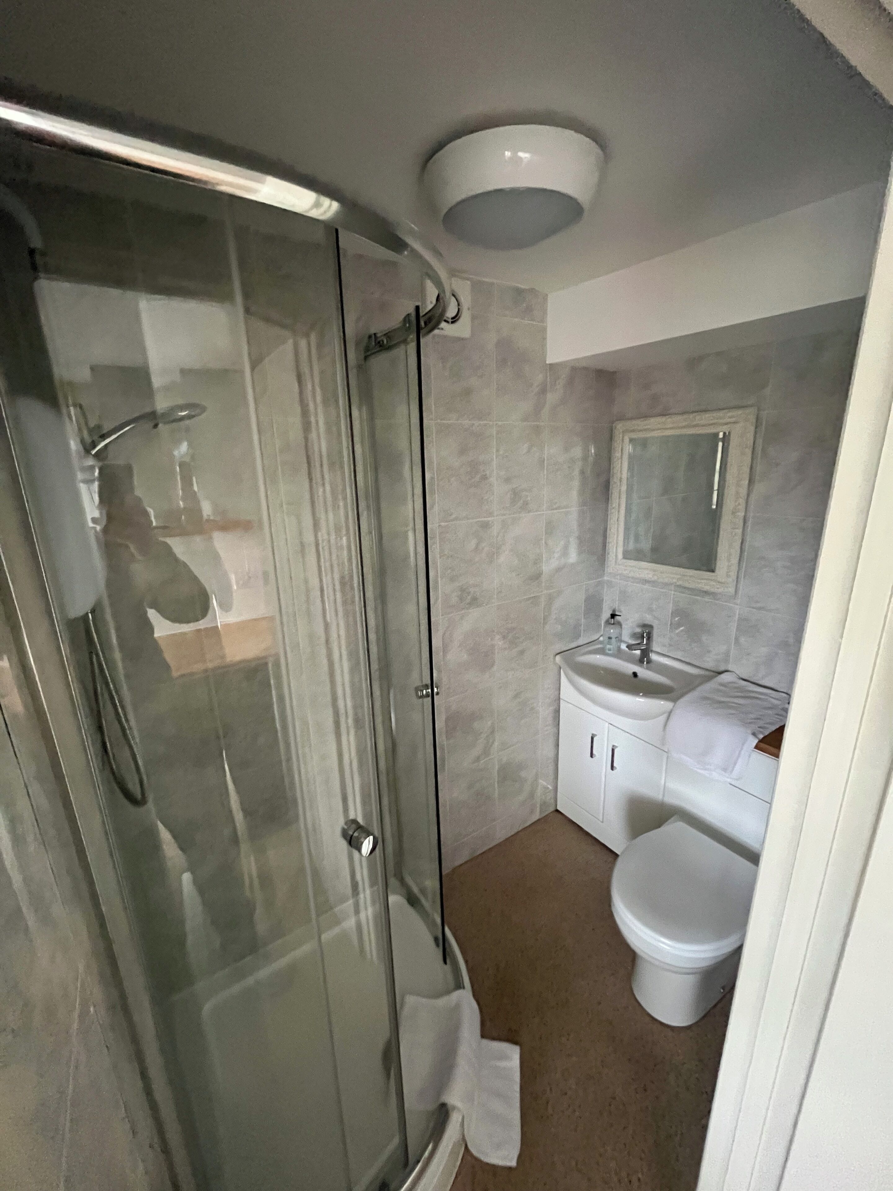 Een badkamer met een douchecabine van glas, een wastafel, een toilet en een spiegel.