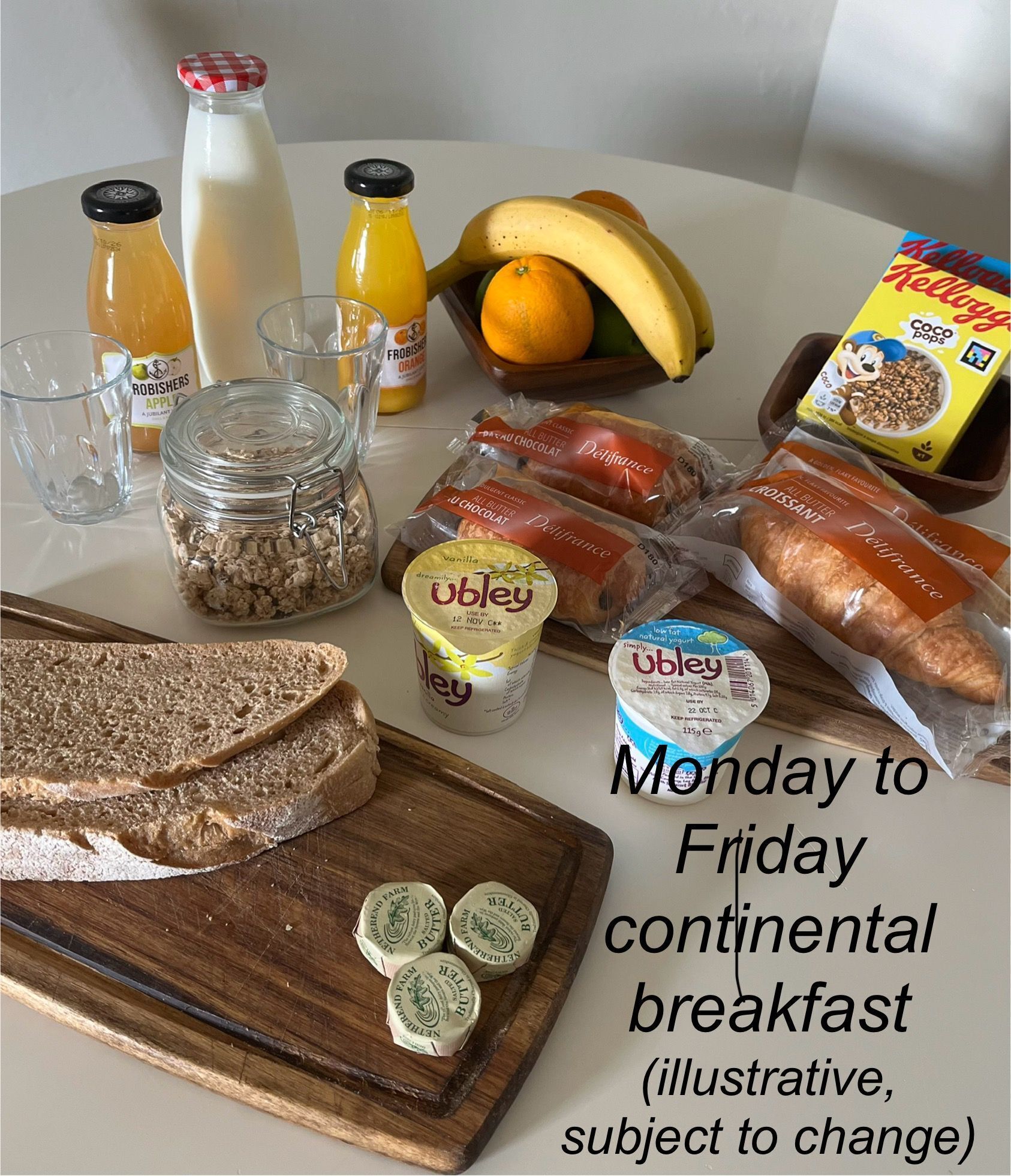 Et morgenbord med brød, smør, frugt og mejeriprodukter.