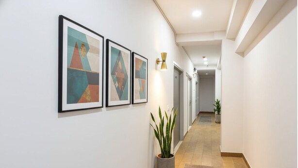 A hallway with framed abstract art, a potted plant, and a modern light fixture. - FabHotel Dream Palace (New Delhi)