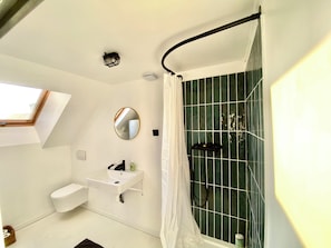 Shower, hair dryer, soap, shampoo