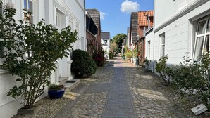 Un estrecho callejón adoquinado flanqueado por edificios blancos con tejados de tejas rojas, plantas en macetas y un cielo azul despejado.