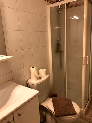 Douche, serviettes fournies, savon, papier toilette