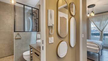 Hair dryer, towels, soap, toilet paper