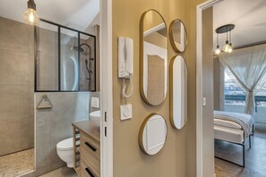 Hair dryer, towels, soap, toilet paper