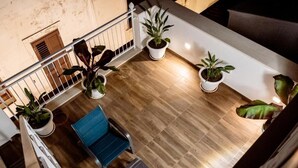 A spacious balcony with wooden flooring, potted plants, and a blue chair. - Nonna Vittoria Apartments (Mola di Bari)