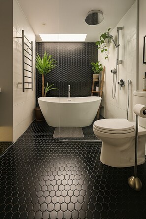 Hair dryer, towels, soap, toilet paper