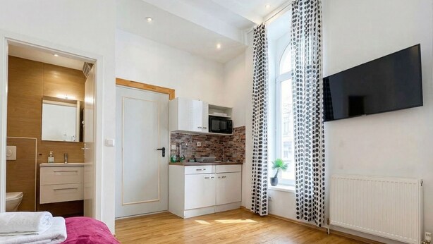 A bedroom with a bed, a bathroom, a kitchenette, and a TV mounted on the wall. - Cozy Apartment for 3 Near Lugner City (Vienna)