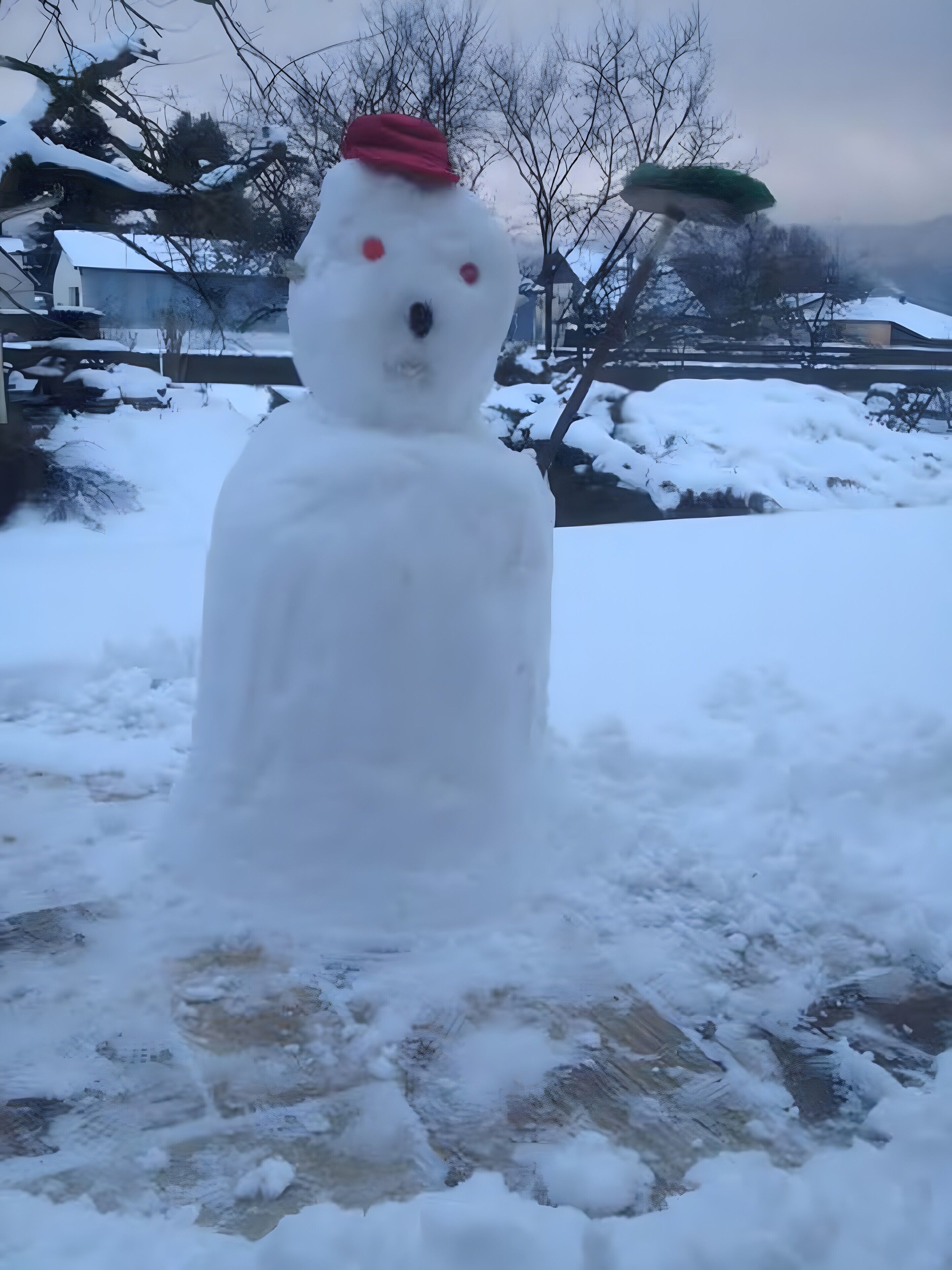 A snowman with a red hat and red buttons, standing on a snowy surface.