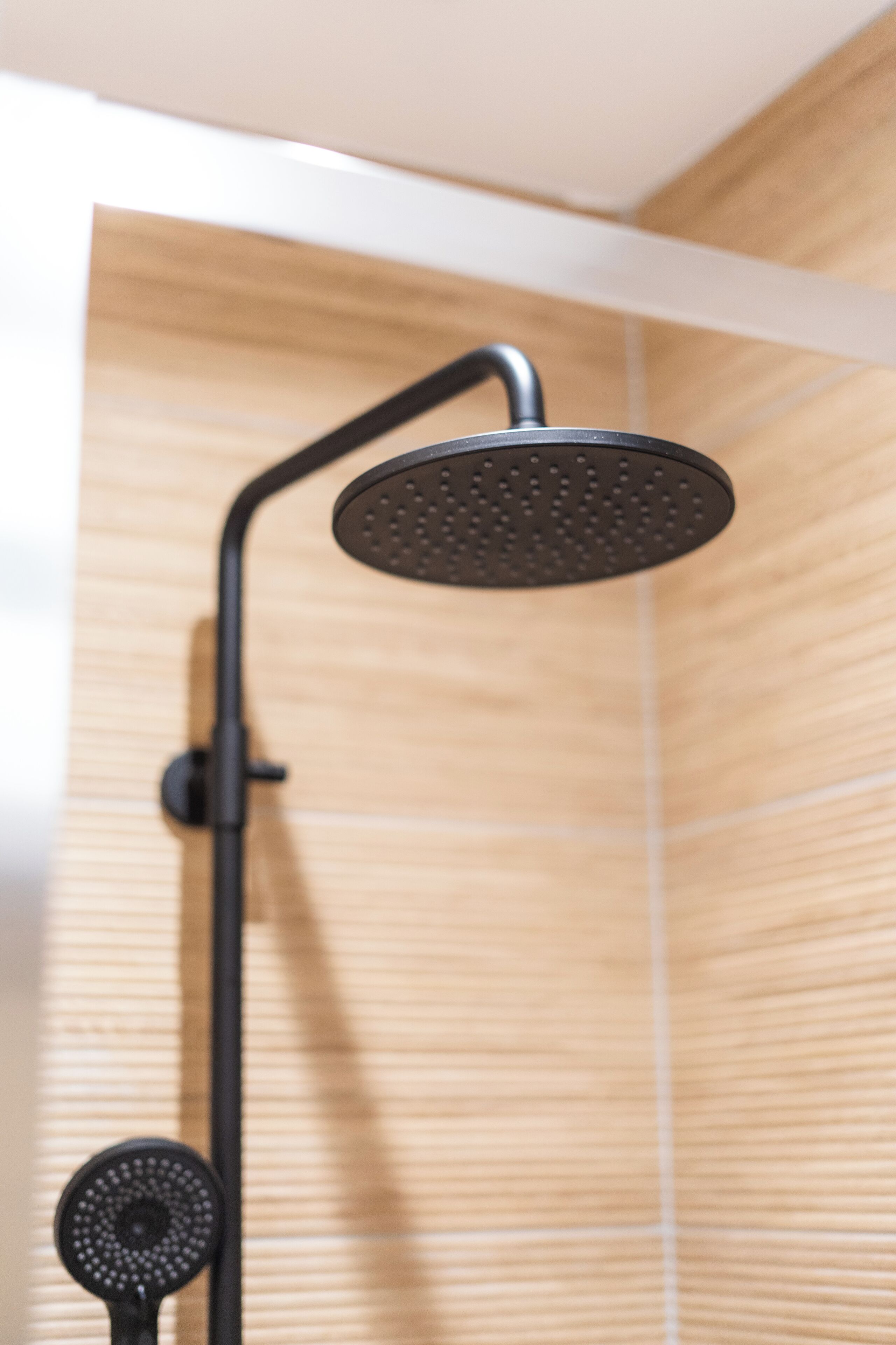 Une douche moderne dotée d’une pomme de douche incurvée et d’un pommeau de douche à main.