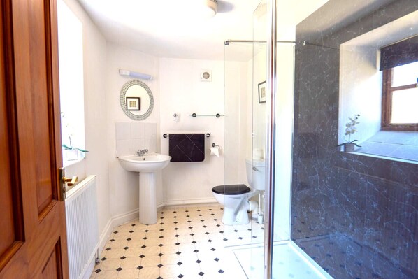 A bathroom with a white sink, a black toilet, and a glass shower enclosure. - Fields Barn at Widemouth Bay (Widemouth Bay)
