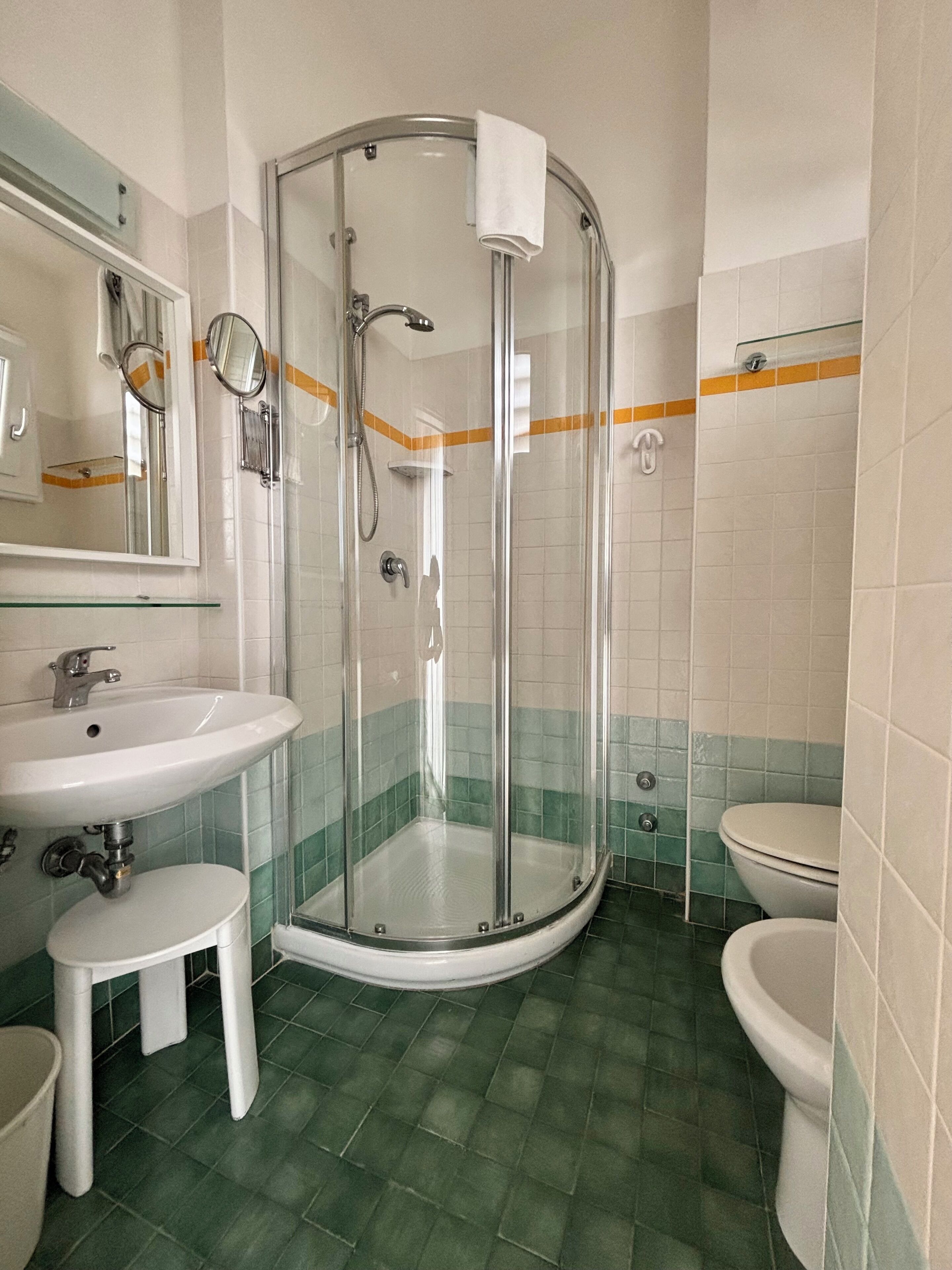 Shower, free toiletries, hair dryer, towels