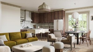 A modern living room with a sofa, ottomans, and a coffee table. - Luxury 12-Unit Estate in New Buffalo (New Buffalo)