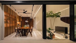 A modern dining area with a wooden table and chairs, a ceiling fan, and a large plant.