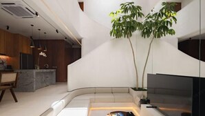 A modern interior with a curved white sofa, a flat-screen TV, and two potted plants.