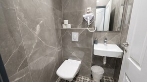 A bathroom with a toilet, sink, and hairdryer on a shelf. - Comfort Flat for 3 Near Lugner City (Vienna)
