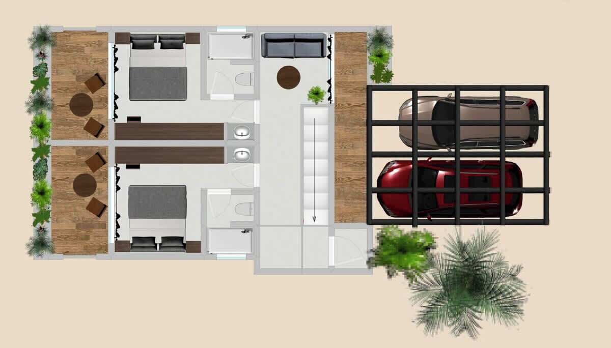 Plano de planta de un hotel que muestra un área de estacionamiento, varias habitaciones y un comedor.