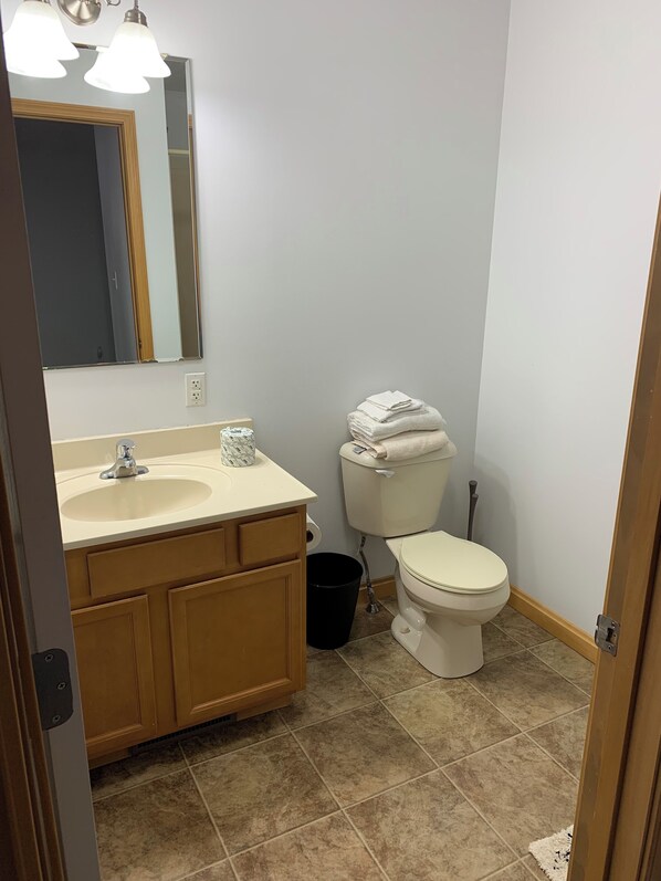 A bathroom with a sink, mirror, toilet, and a trash can.