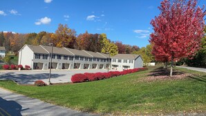 A motel with a row of rooms, a parking lot, and a grassy area with red bushes.