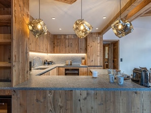Coffee/tea maker, fridge, microwave, oven - Luxurious 7-room apartment, fireplace, parking, stunning view (Val-d'Isère)