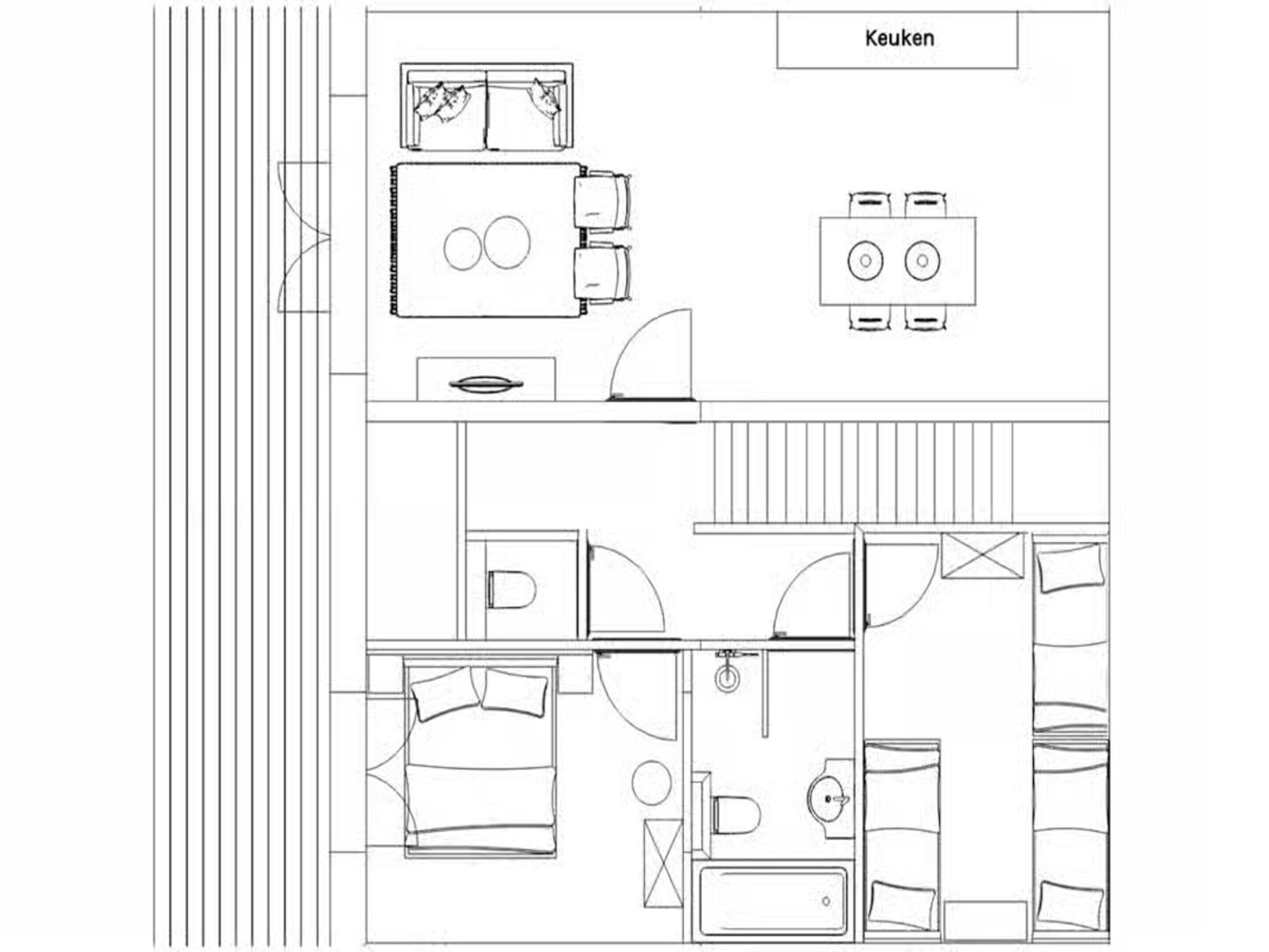 Un plan d’une chambre d’hôtel comprenant un lit, un bureau, une chaise, une petite table, une armoire et une salle de bain.
