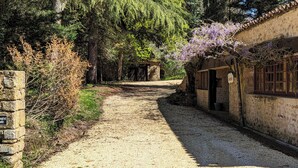 Un étroit sentier de gravier mène à un bâtiment rustique doté d’un mur en pierre et d’une enseigne sur laquelle on peut lire : « RIEUETTE VIE ».