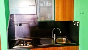 A compact kitchen with a gas stove, sink, and wooden cabinets. - Bernina Stop & Go apartment - 30 steps to the red train (Tirano)
