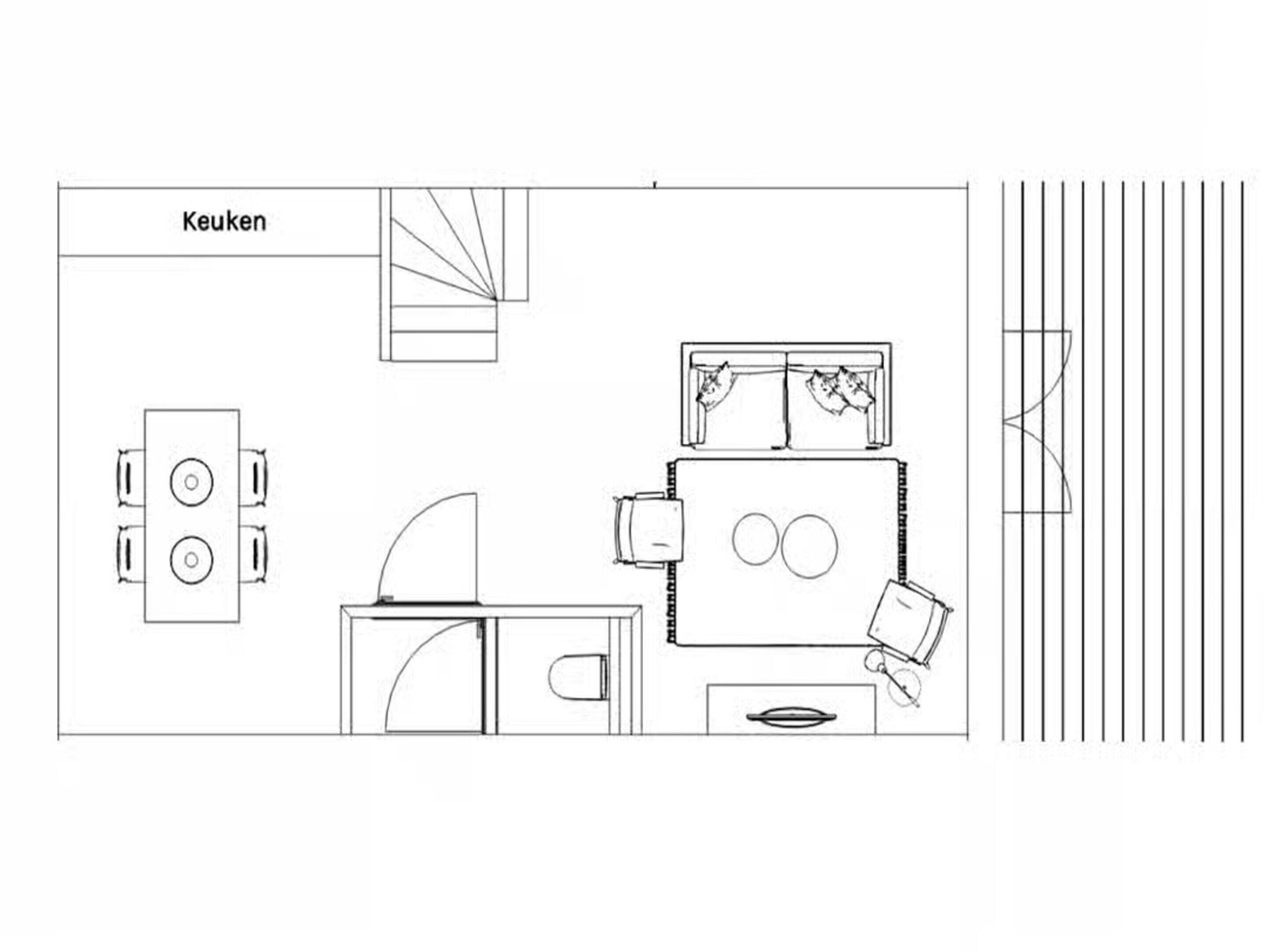 A kitchen layout with a dining area, a sink, and a window with curtains.
