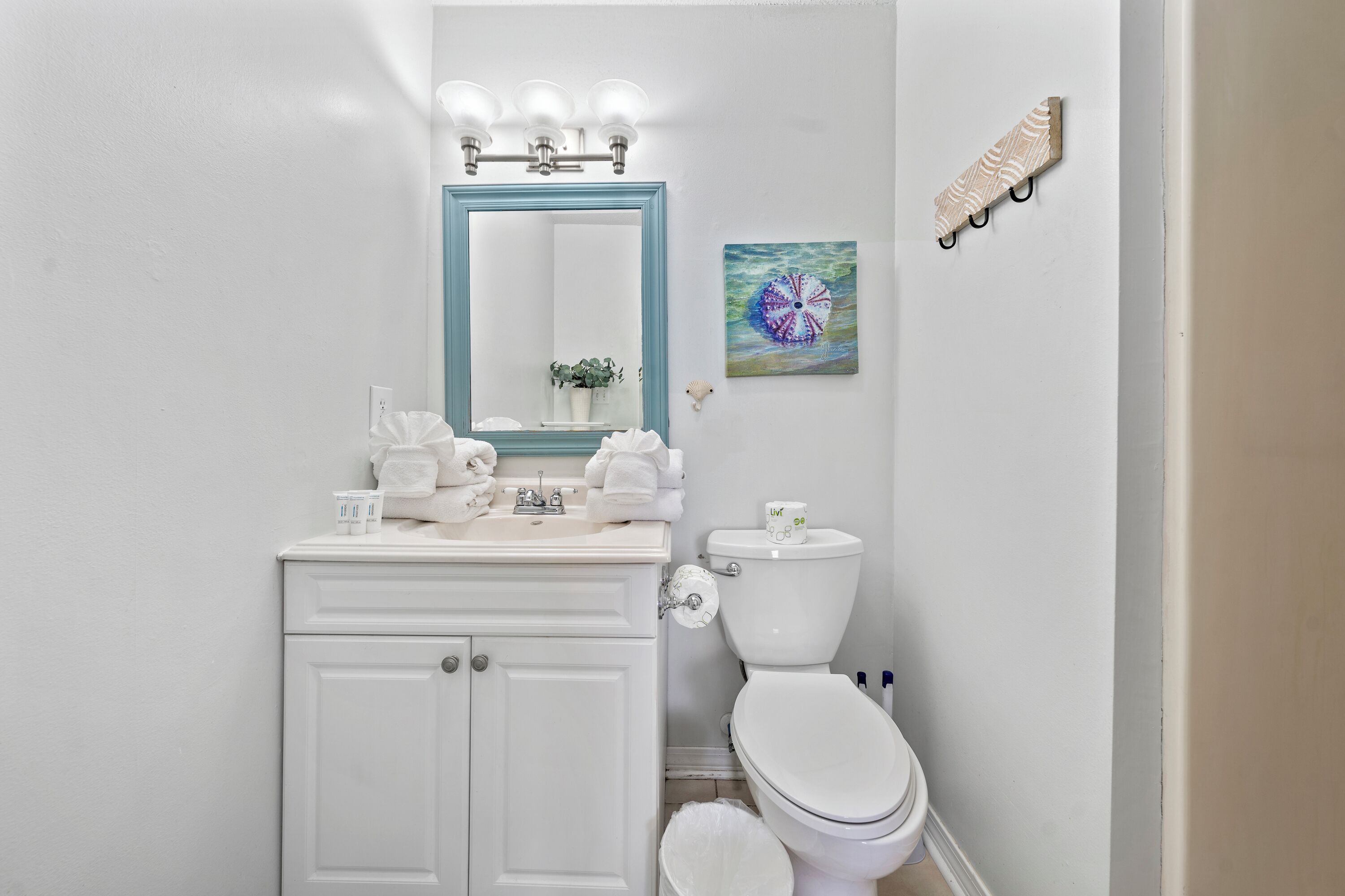 Une salle de bain avec un meuble-lavabo blanc, un miroir avec éclairage intégré, des toilettes et une petite plante.