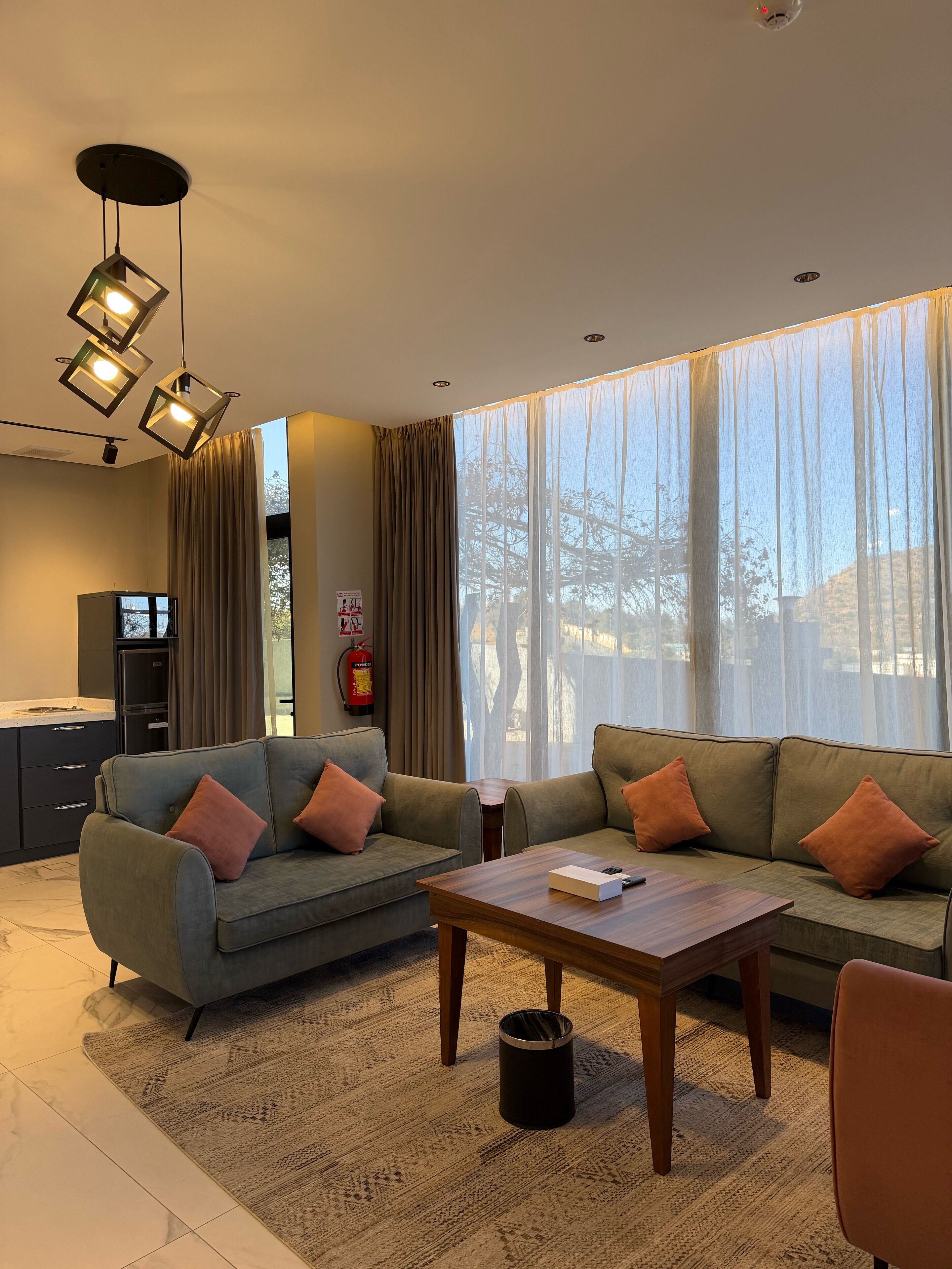 A modern living room with a grey sofa, a wooden coffee table, and a large window with sheer curtains.