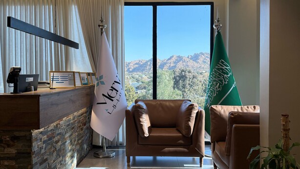 Un salon moderne comprenant un comptoir d’accueil, un canapé en cuir, une plante en pot et une vue sur les montagnes grâce à de grandes fenêtres.