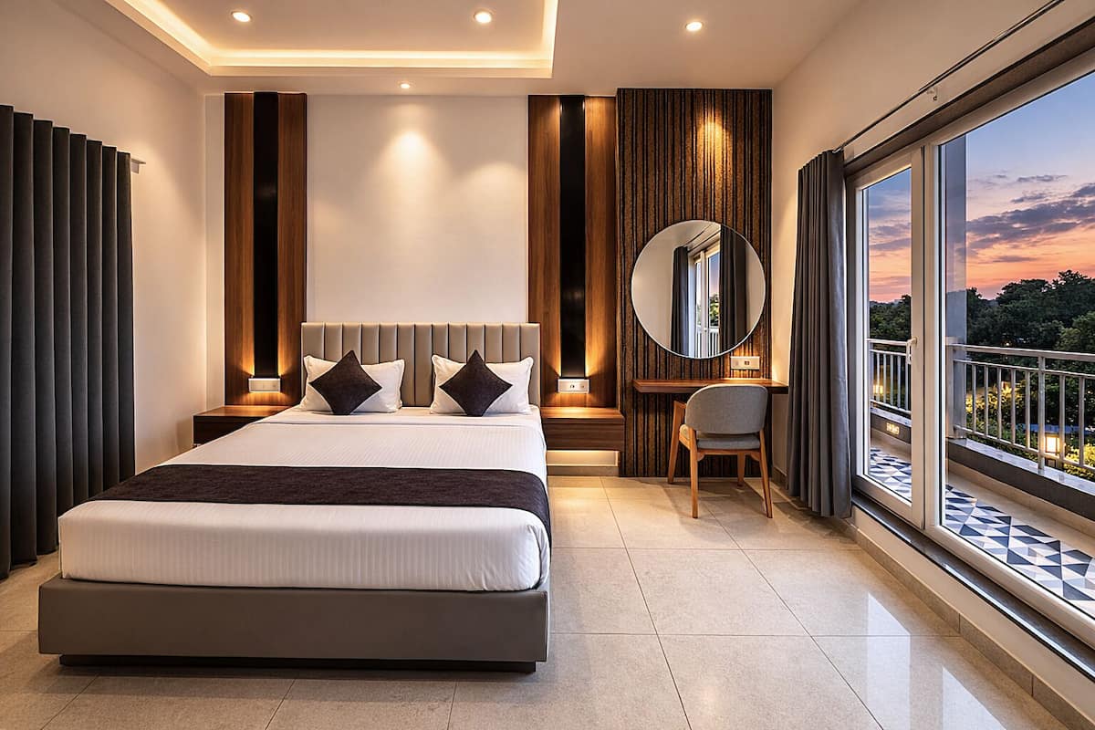 Une chambre moderne avec un grand lit, un bureau et une vue sur le paysage urbain.