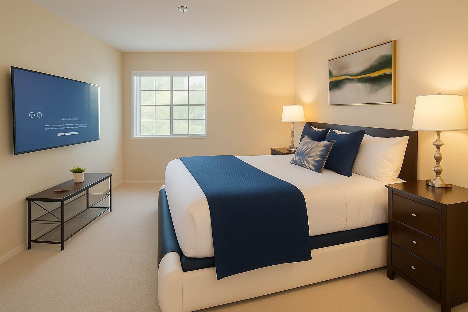 A modern bedroom with a large bed, bedside lamps, a TV, a window, and a painting on the wall.