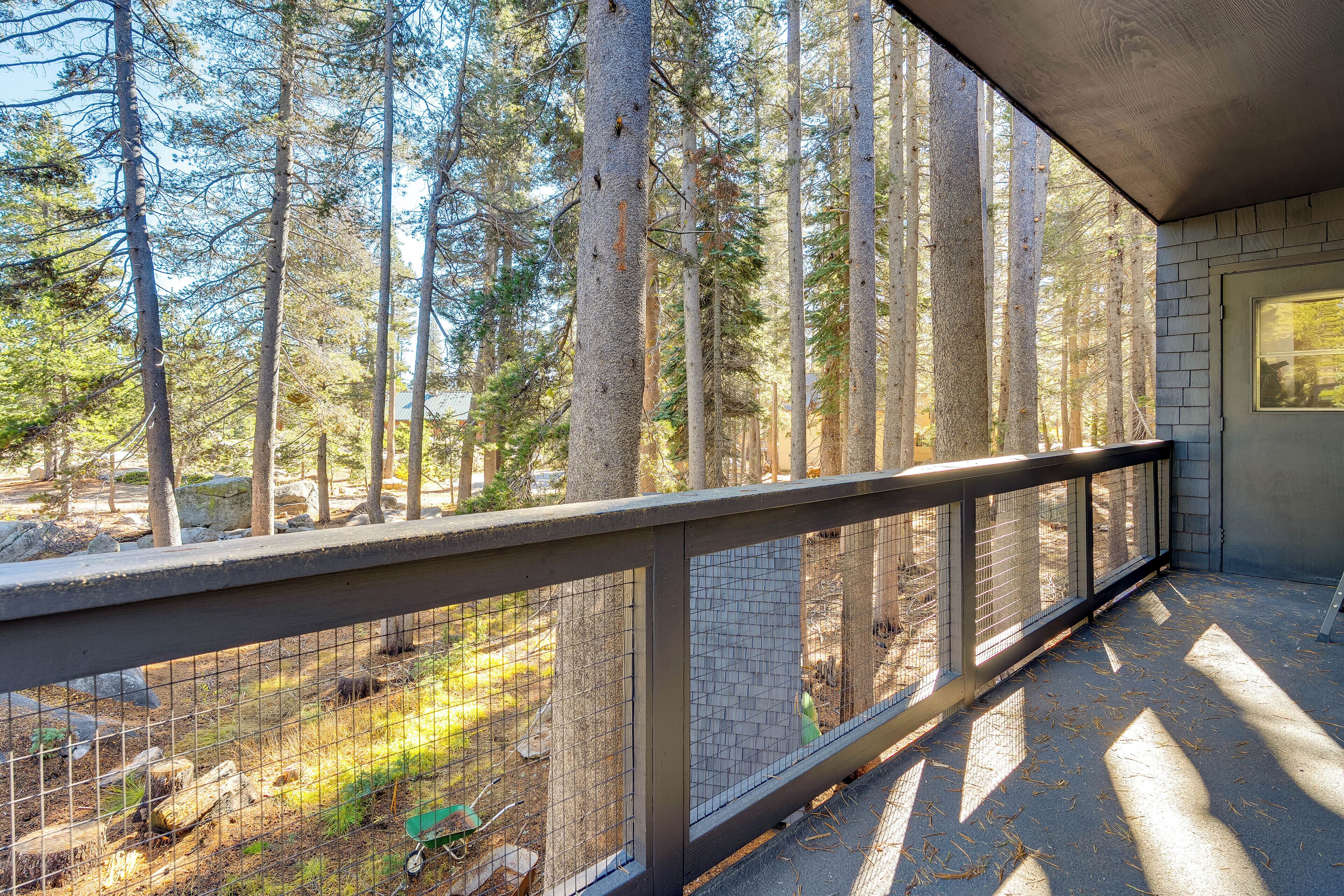 A covered outdoor area with a metal railing, a view of a forest, and a building with a window.