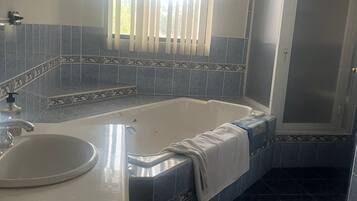 Hair dryer, towels, soap, toilet paper