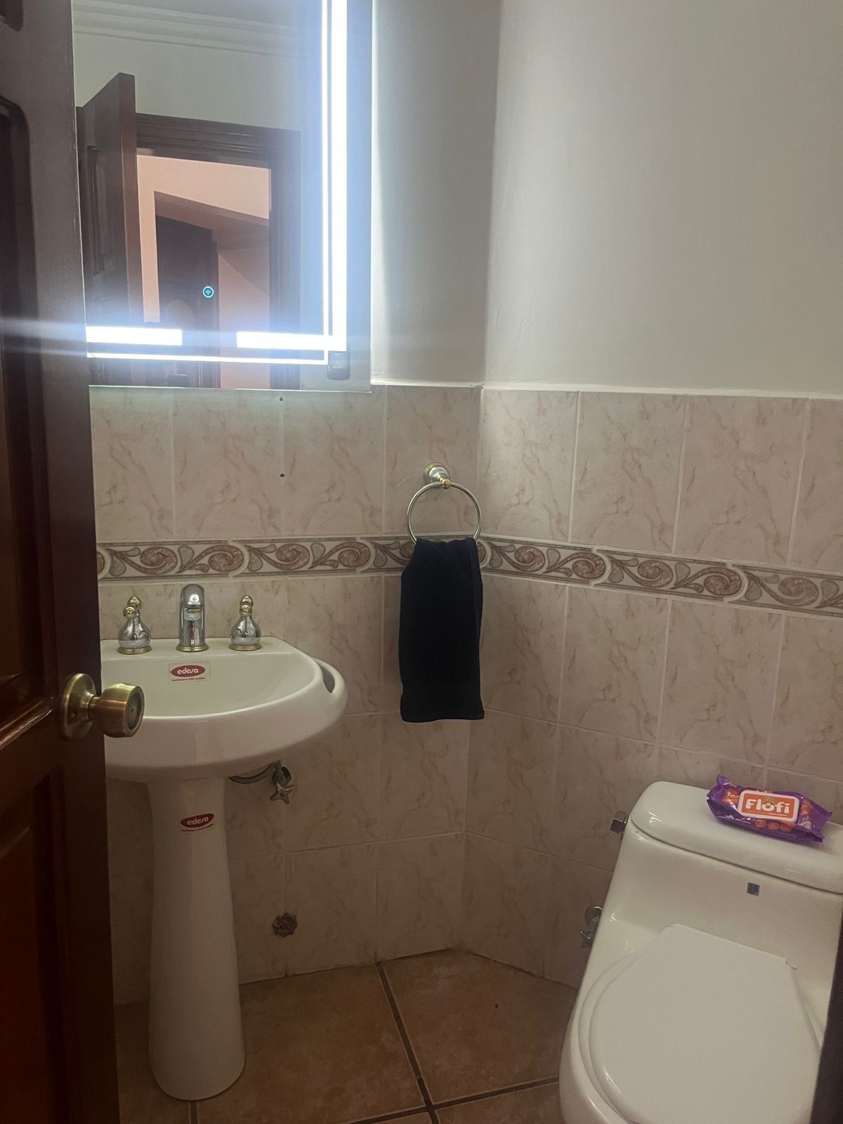 A bathroom with a white sink, a toilet, and a towel hanging on the wall.