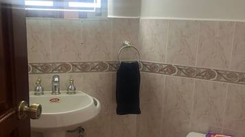 Hair dryer, towels, soap, toilet paper