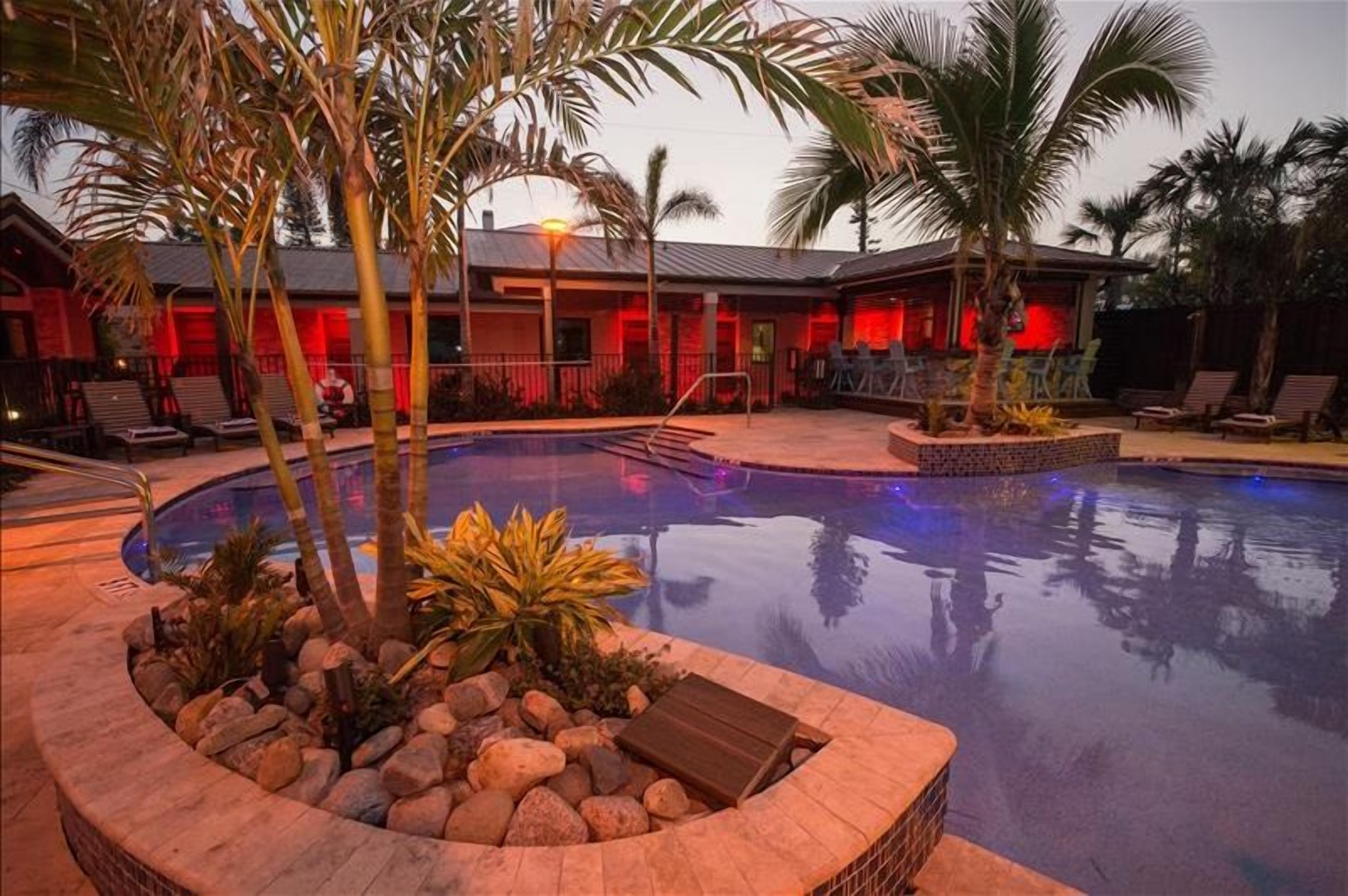 A pool area with a circular shape, surrounded by rocks and plants, and a building with red lighting in the background.