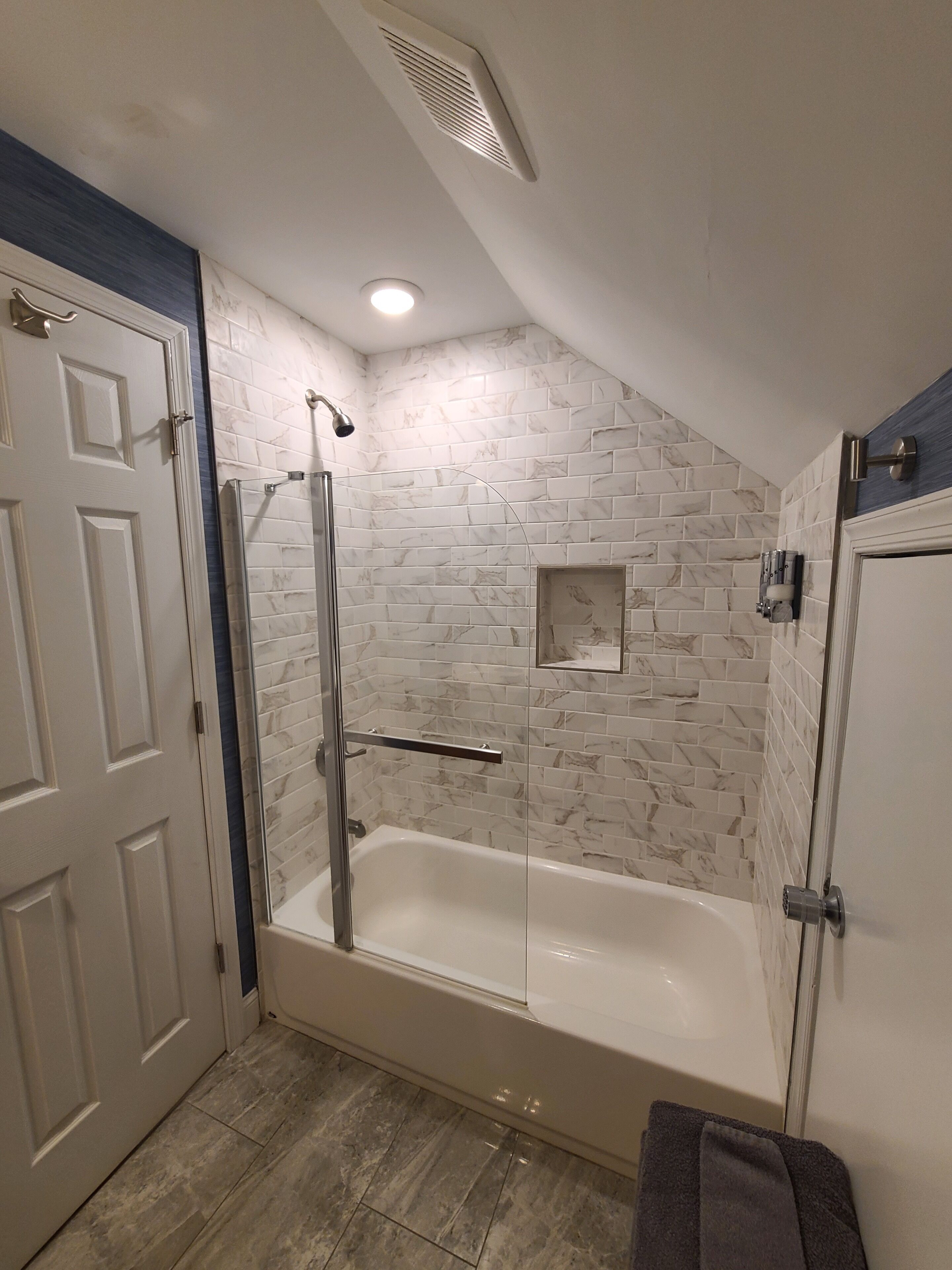 Hair dryer, towels, soap, shampoo