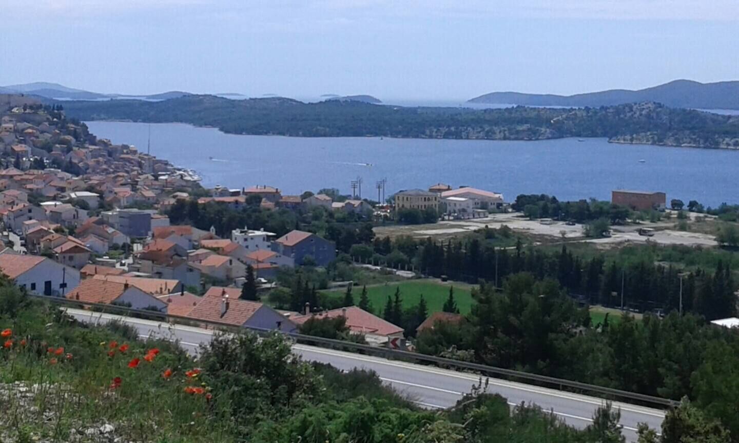A coastal town with a mix of residential and commercial buildings, a road, and a body of water.