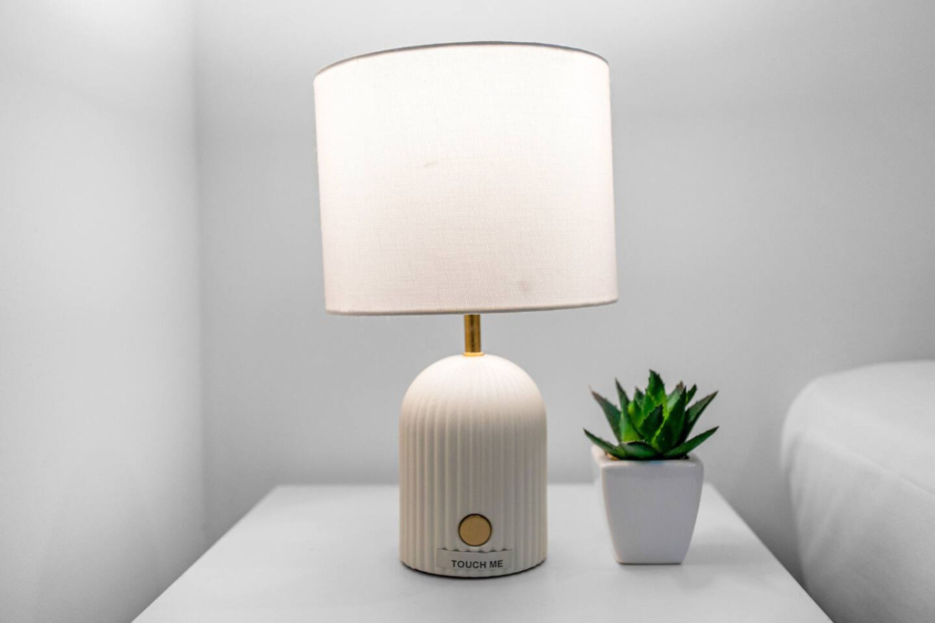 Uma mesa de cabeceira com uma luminária e um vaso de planta.