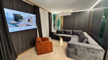 Exclusive Apartment, 1 King Bed with Sofa bed, City View | Living area